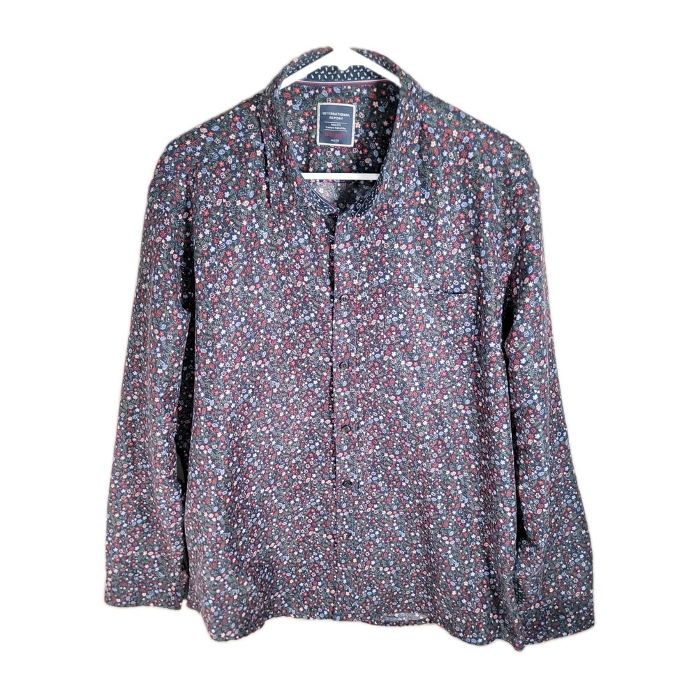 International Report Shirt Mens XL Blue Floral Button Down Micro Touch Boho